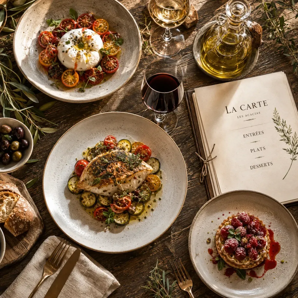 Une table élégante dressée avec des plats gastronomiques, de l'huile d'olive, du vin et un livre de cuisine, le tout baigné d'une lumière rustique et chaleureuse.