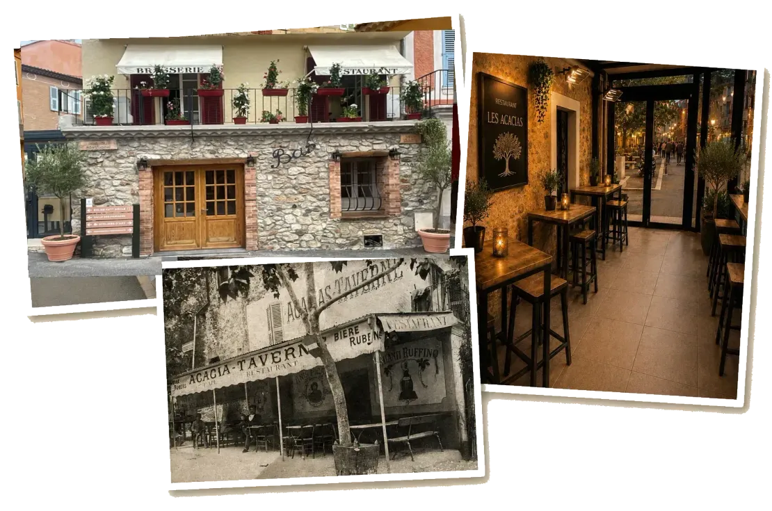 Collage d'une façade rustique en pierre, d'une scène de rue vintage en noir et blanc et de l'intérieur chaleureux d'un café.