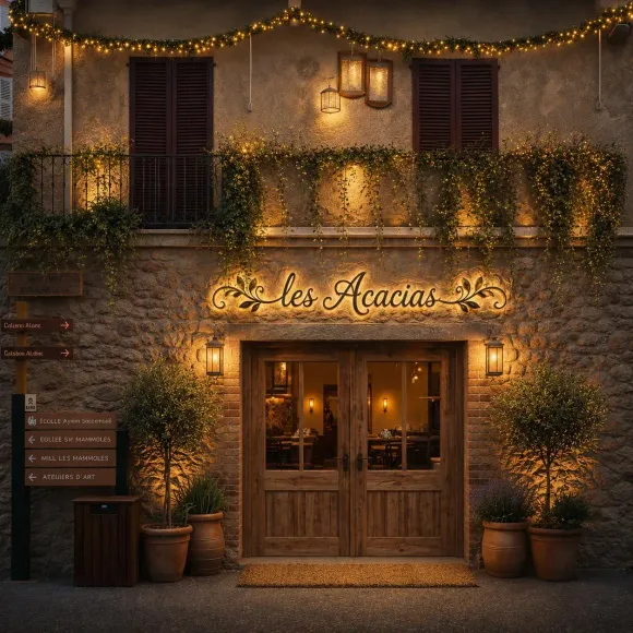 Façade de restaurant chaleureuse et éclairée, ornée de lierre, de portes en bois et d'une enseigne indiquant « Les Acacias ».