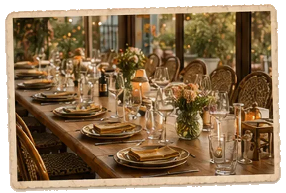 Élégante longue table à manger dressée avec assiettes, verres, bougies et fleurs dans une pièce chaleureuse et ensoleillée