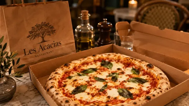 Une pizza au fromage dans une boîte en carton posée sur une table, à côté d'un sac en papier Les Acacias et de condiments.