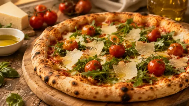 Pizza cuite au feu de bois, garnie de tomates cerises, de basilic et de parmesan râpé, servie sur une planche en bois.