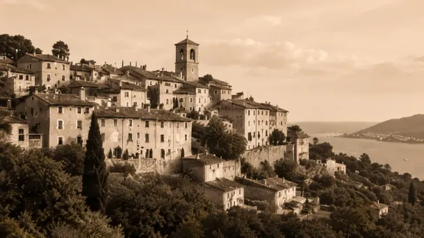 Village à flanc de colline aux teintes sépia, avec des bâtiments en pierre et une église surplombant la mer au coucher du soleil