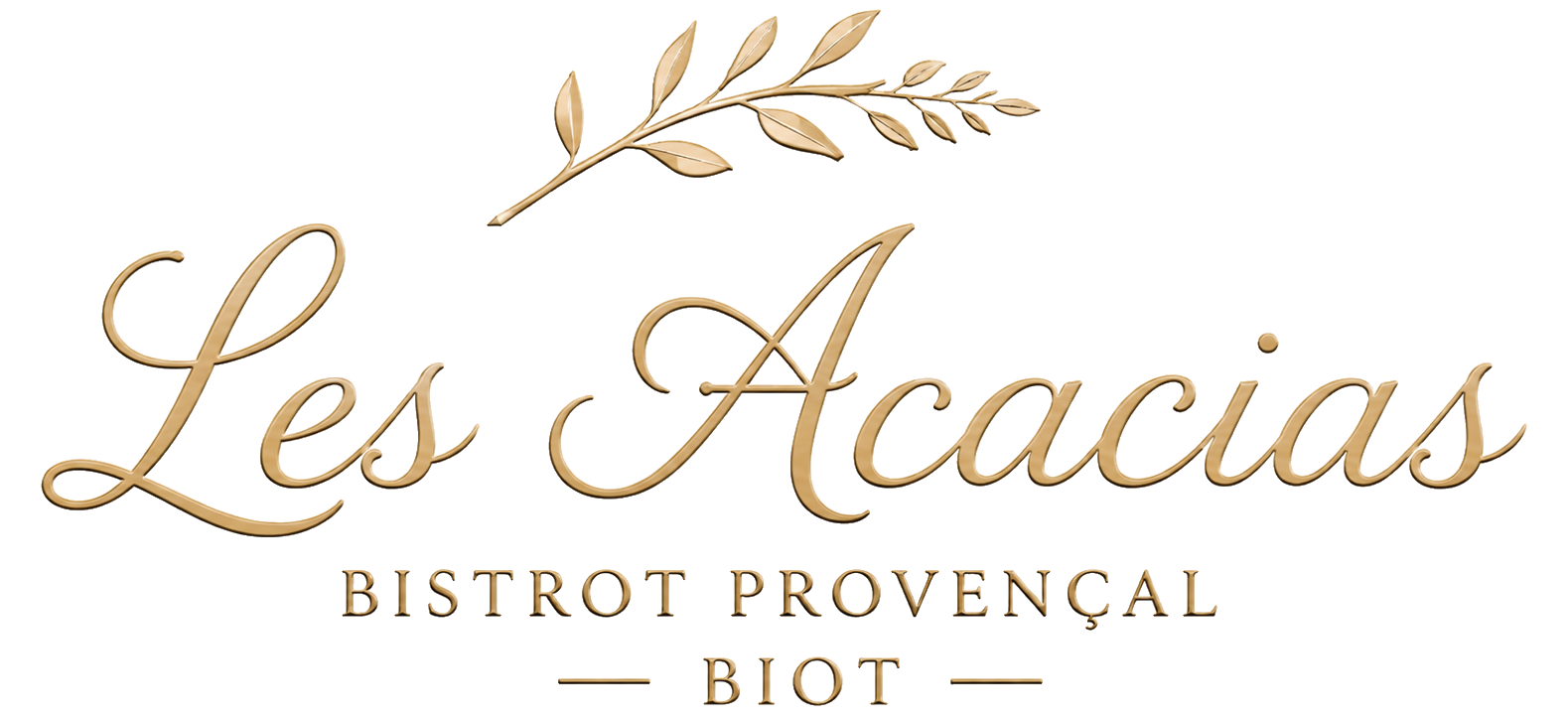 Logo Les Acacias Bistrot Proven&ccedil;al Biot en &eacute;criture dor&eacute;e avec branche de laurier