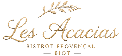 Logo Les Acacias Bistrot Proven&ccedil;al Biot en &eacute;criture dor&eacute;e avec branche de laurier