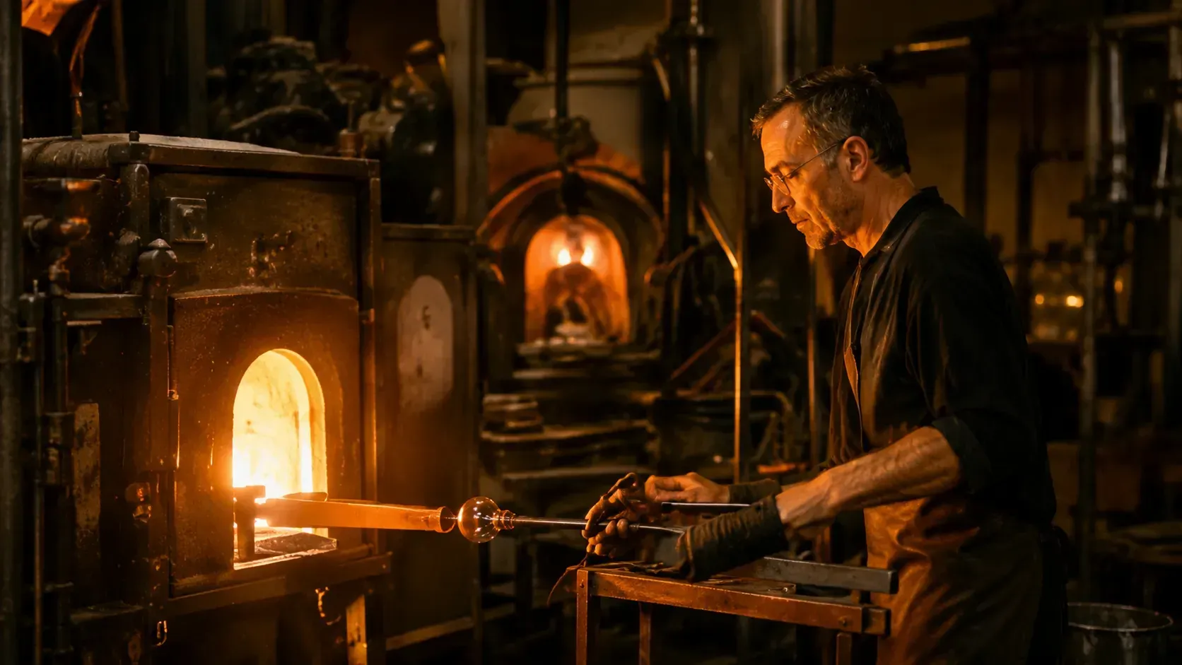 Un homme, dans une forge faiblement éclairée, manipule un fourneau incandescent à l'aide de pinces, dans la douce lueur orangée du feu.