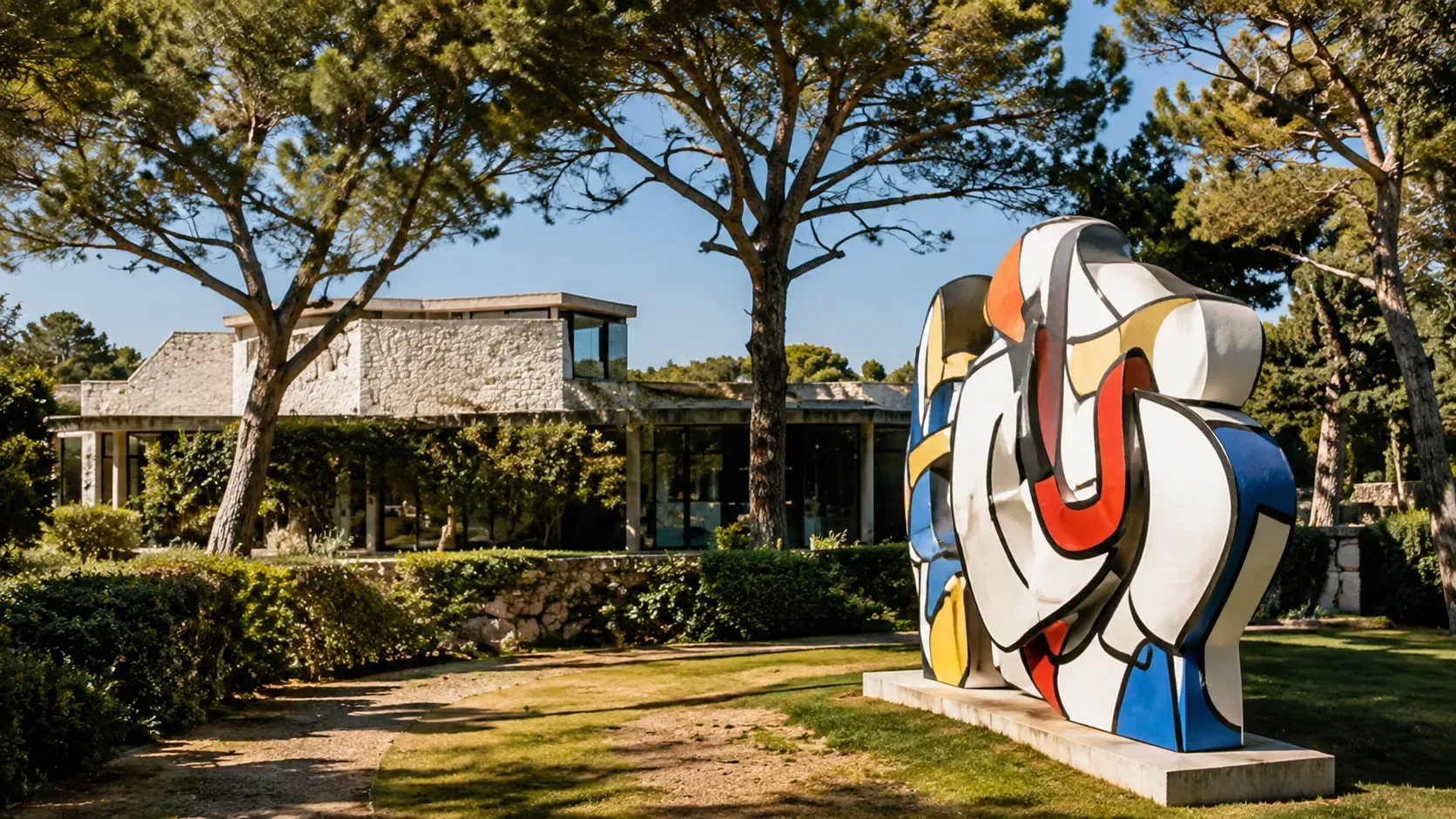 Sculpture abstraite et colorée sur la pelouse du campus, devant un bâtiment en pierre et des arbres