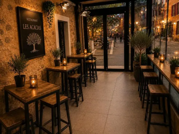 Terrasse de café accueillante avec éclairage chaleureux, tables et tabourets en bois le long d'une allée étroite au crépuscule