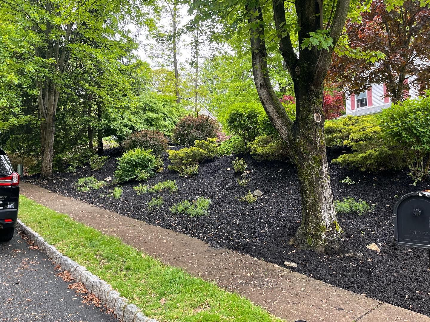 A car is parked on the side of the road next to a mailbox.