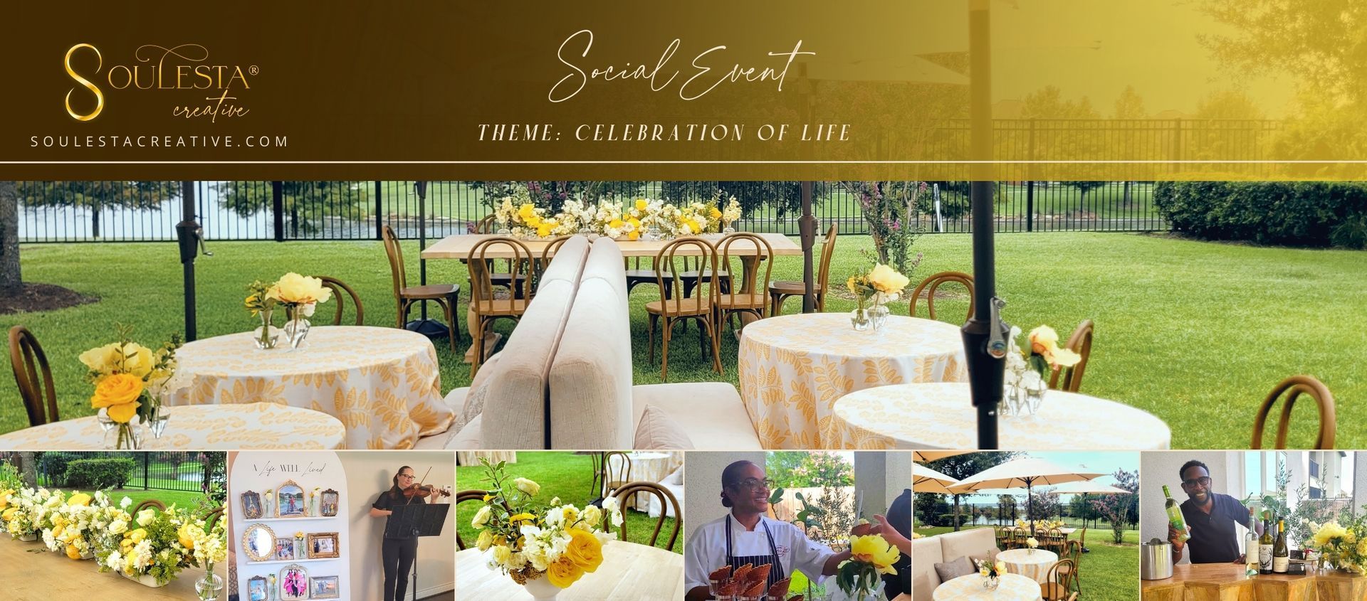 Yellow celebration of life decor setup for a backyard memorial reception in Houston