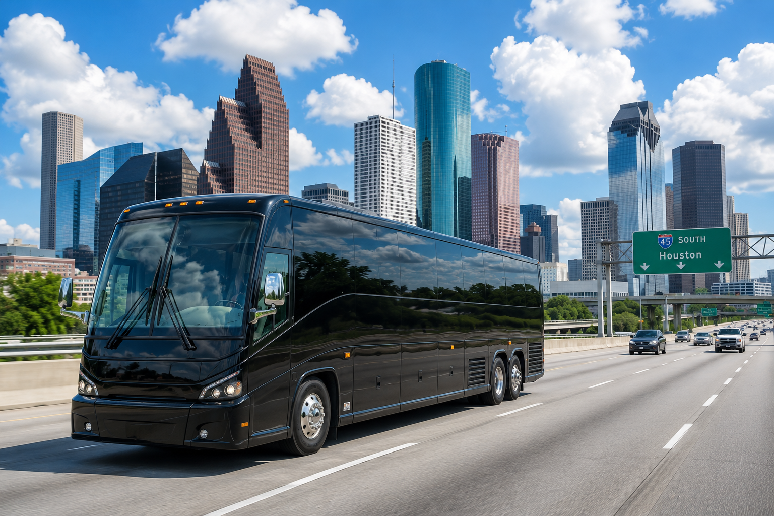 Black motorcoach driving on I-45 passing the downtown Houston skyline for group airport transfers.
