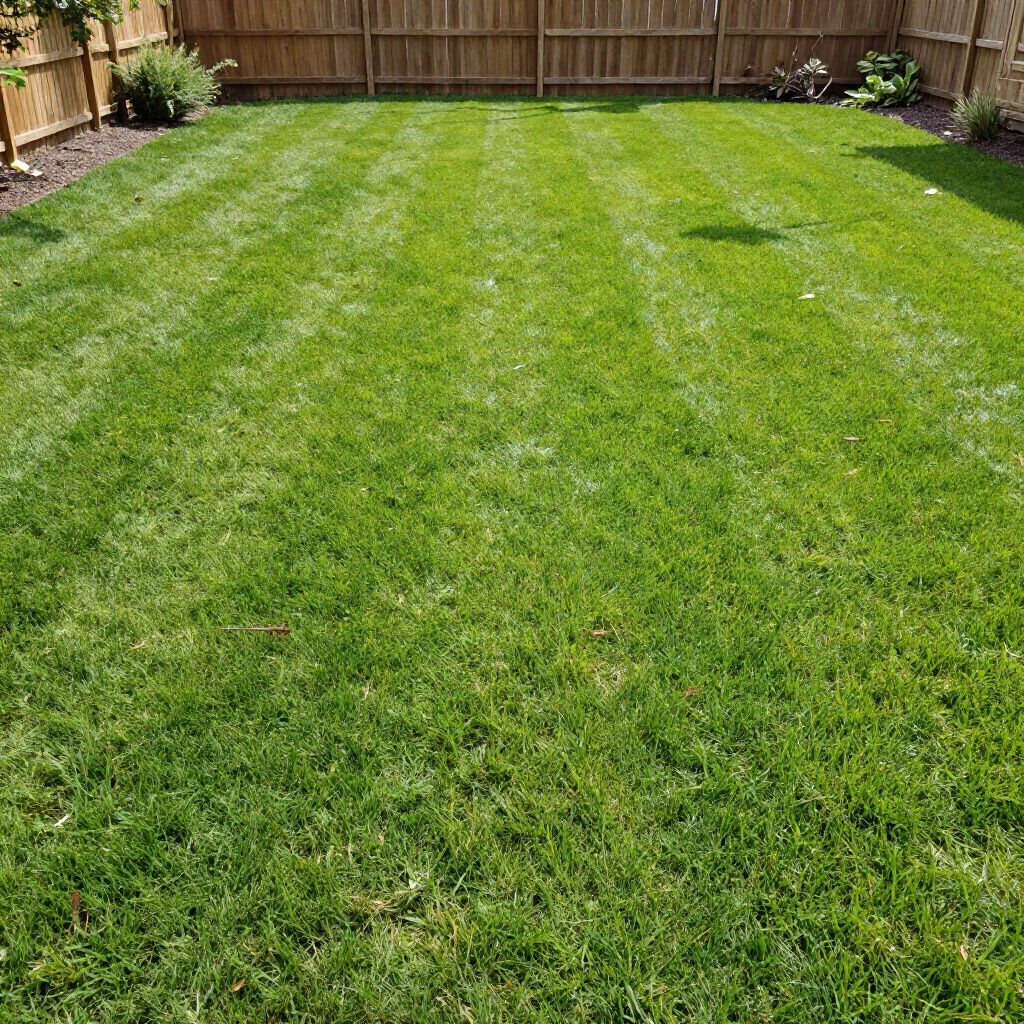 A freshly mown, vibrant green residential lawn enclosed by a wooden fence.
