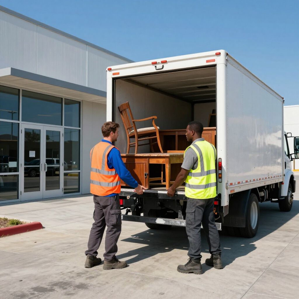 Two movers in high-visibility safety vests load a wooden desk and chair into the back of a box truck parked outside.