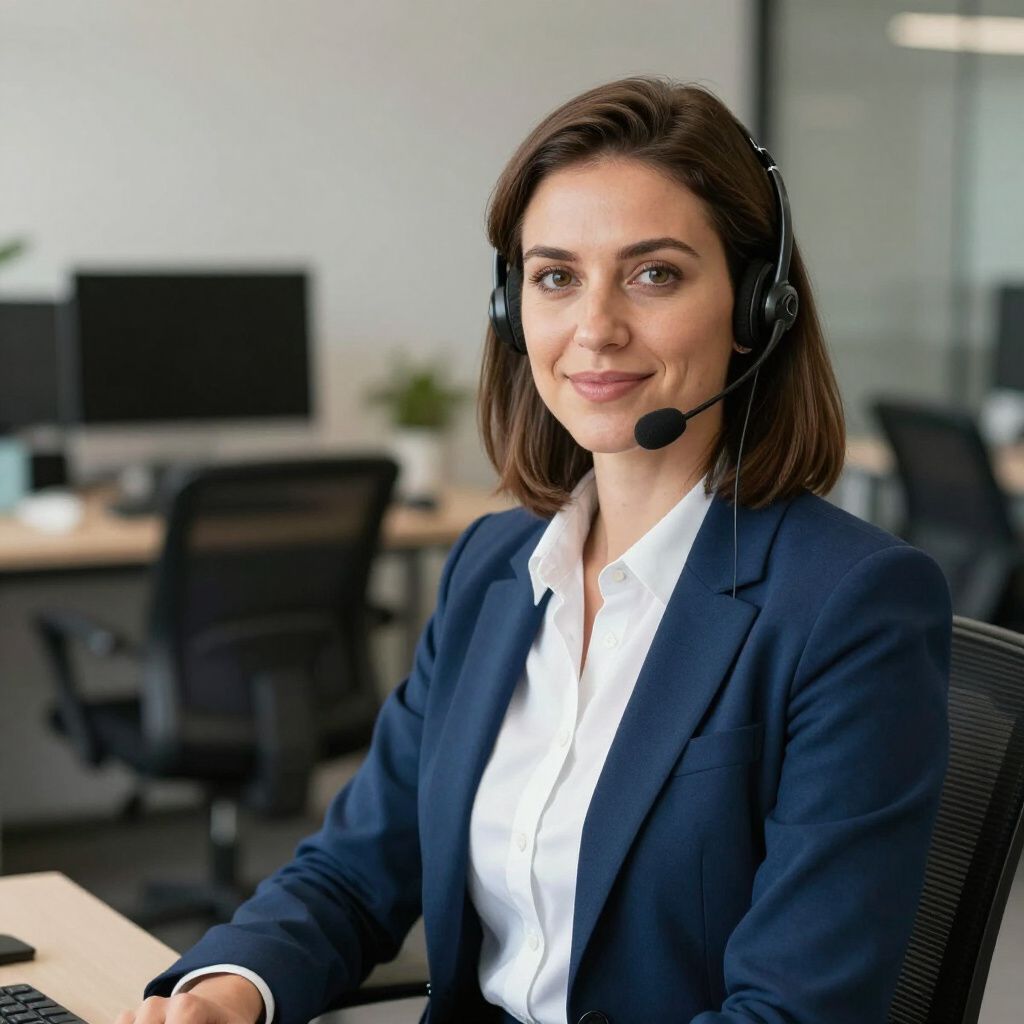 A professional wearing a headset sits at an office desk, looking toward the camera with a friendly expression.