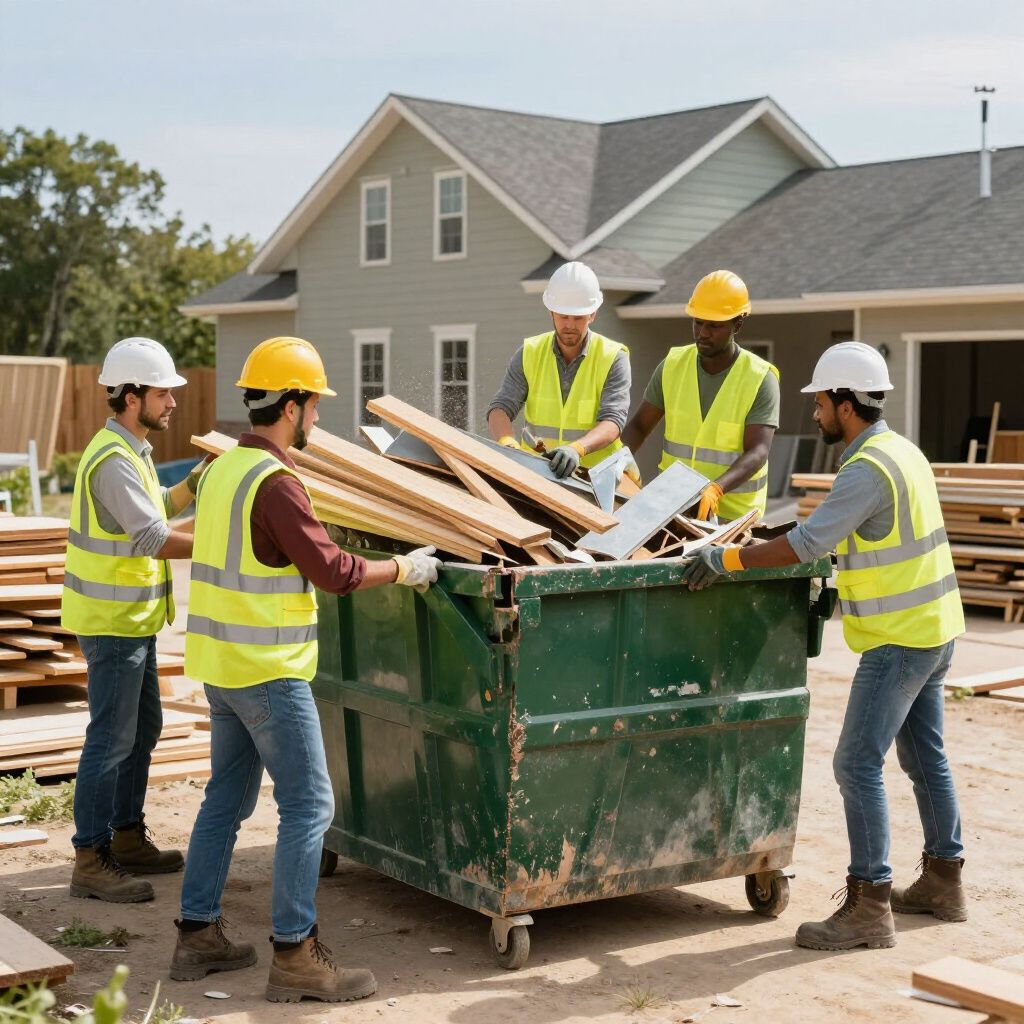 Four construction workers in safety gear and hard hats load wood debris into a large green dumpster at a job site.