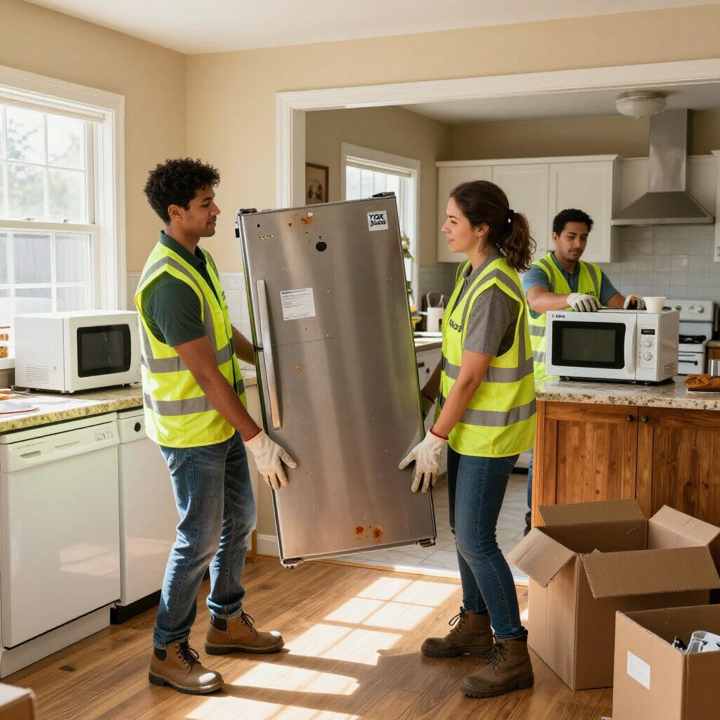 Two workers in reflective vests carry a refrigerator in a kitchen while another worker moves a microwave in the background.