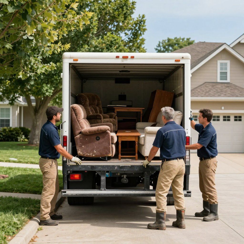 Three uniformed movers load furniture into the back of a moving truck parked in a suburban driveway.
