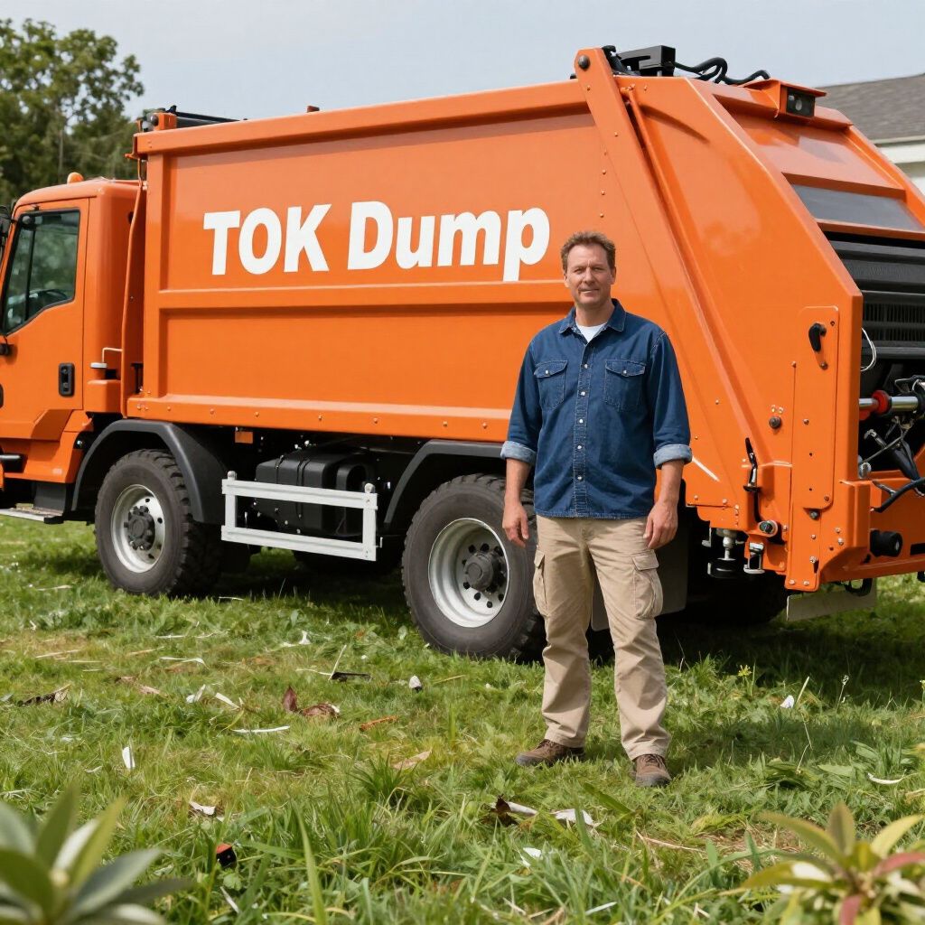 A person stands in a grassy field in front of a bright orange garbage truck labeled