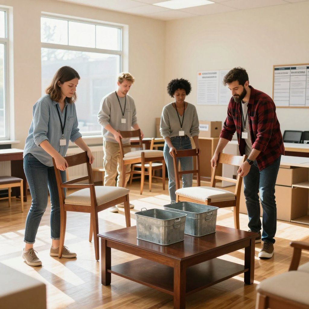 Four people in a bright office space arranging chairs around a wooden table with metal storage bins on it.