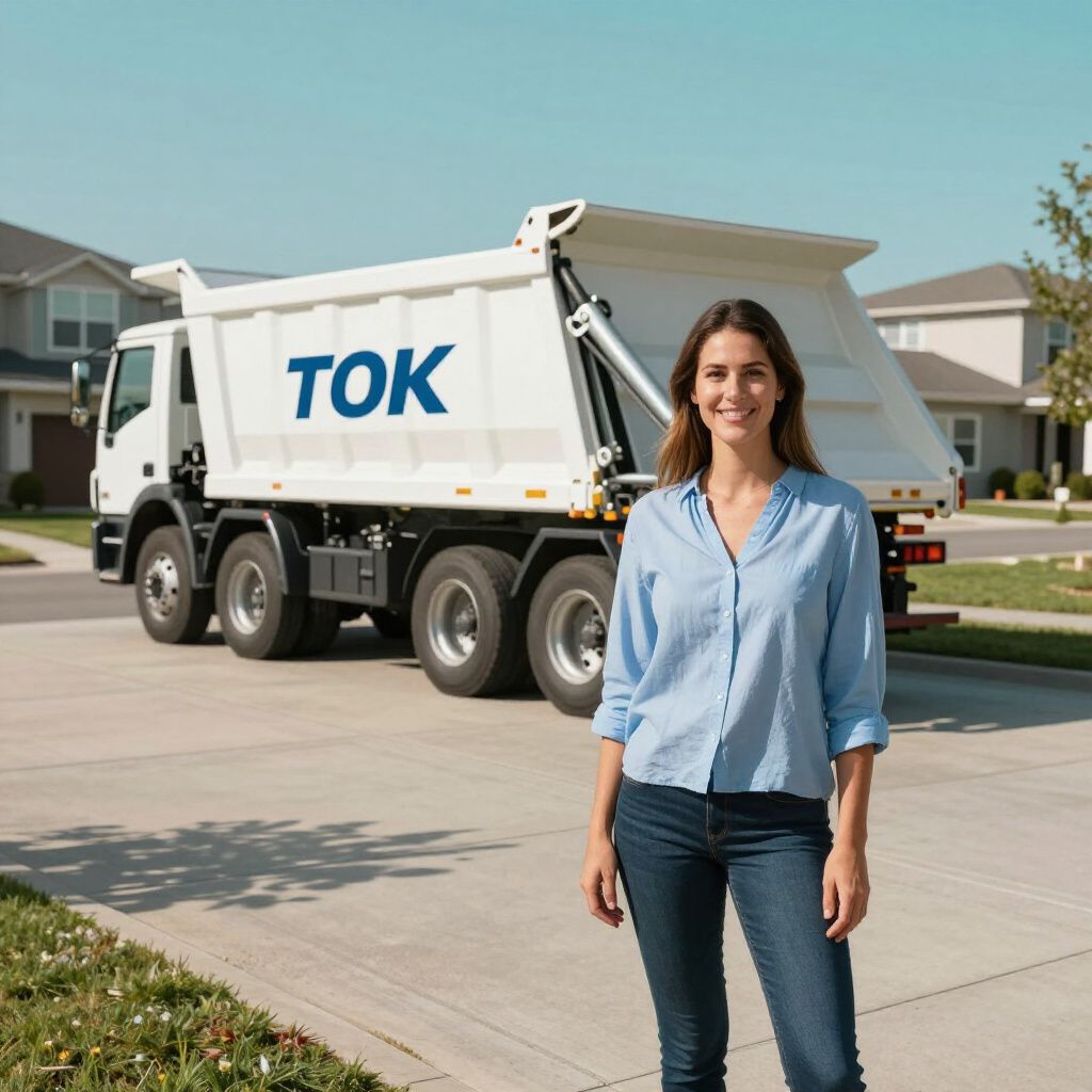 A smiling person stands in a residential driveway in front of a white dump truck with the word TOK on its side.