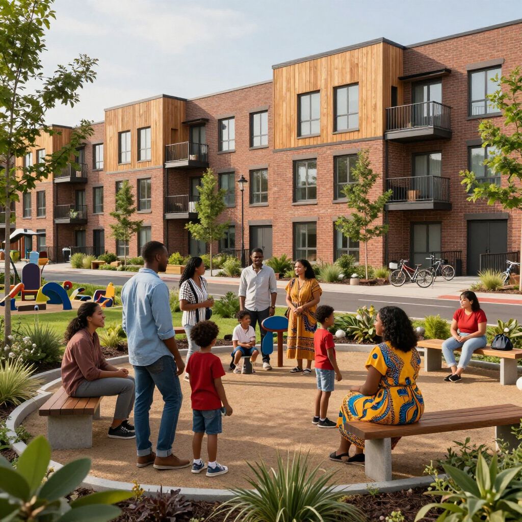 A diverse group of people gathers in a residential courtyard with brick buildings, benches, and a playground.