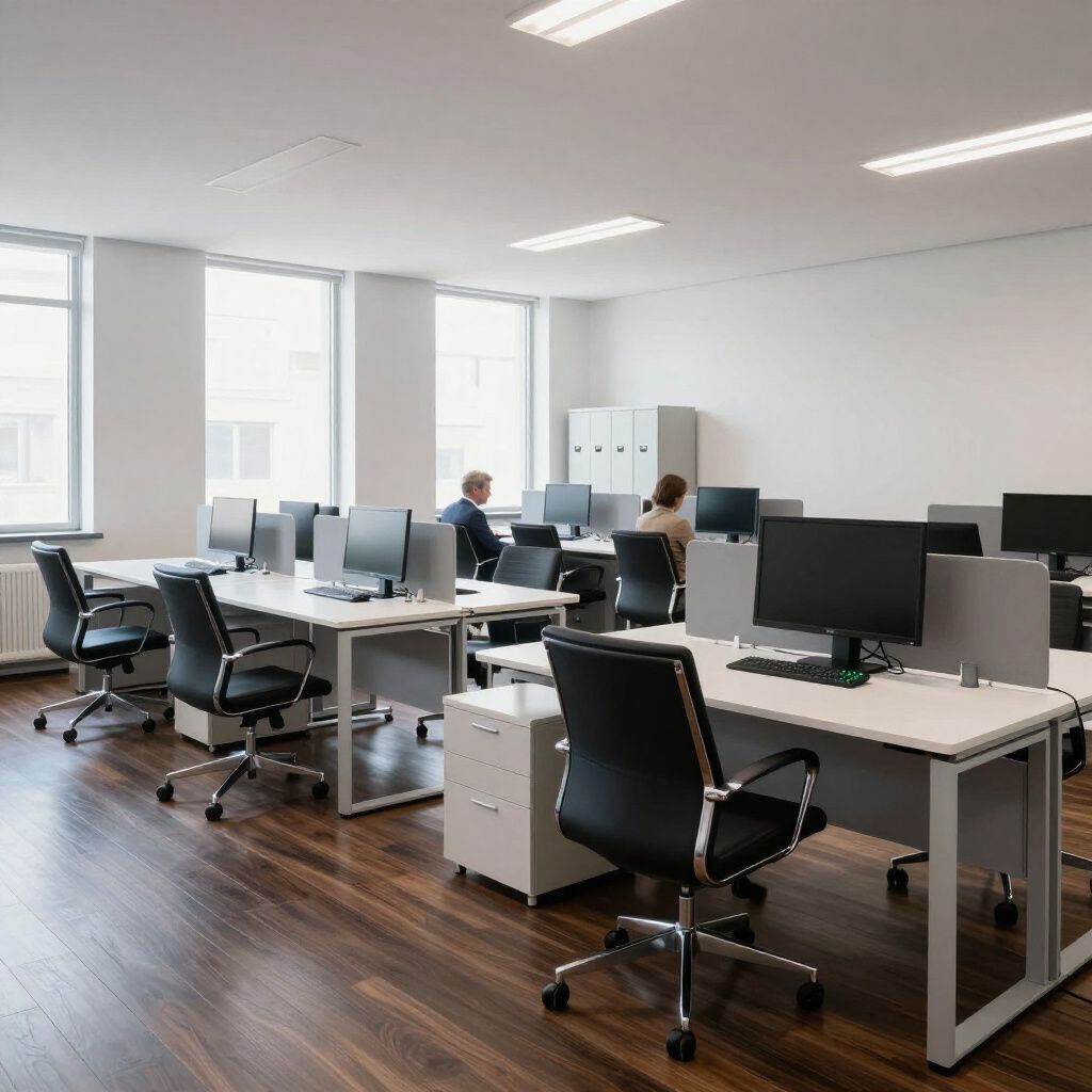 A modern, minimalist office space with multiple workstations, computer monitors, and black chairs on a wooden floor.