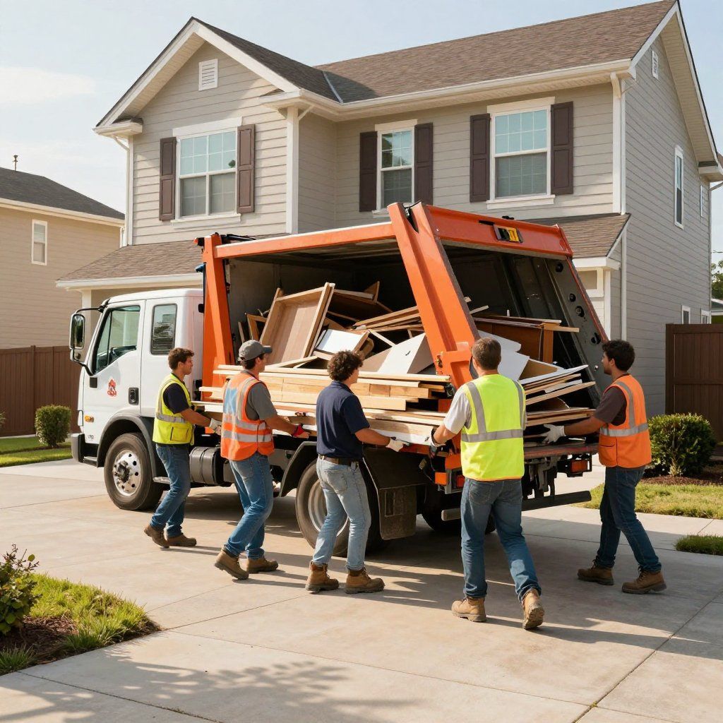 Five people in work clothes and safety vests load wooden furniture and debris into a dump truck parked in a driveway.
