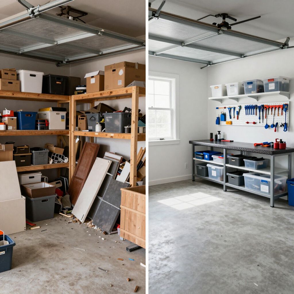 Before and after comparison of a garage, showing the transition from cluttered, stacked shelving to an organized workspace.