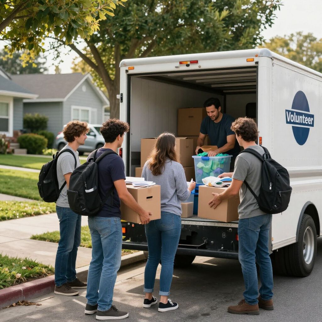 Four volunteers packing boxes into a white truck for a community service project in a residential neighborhood.
