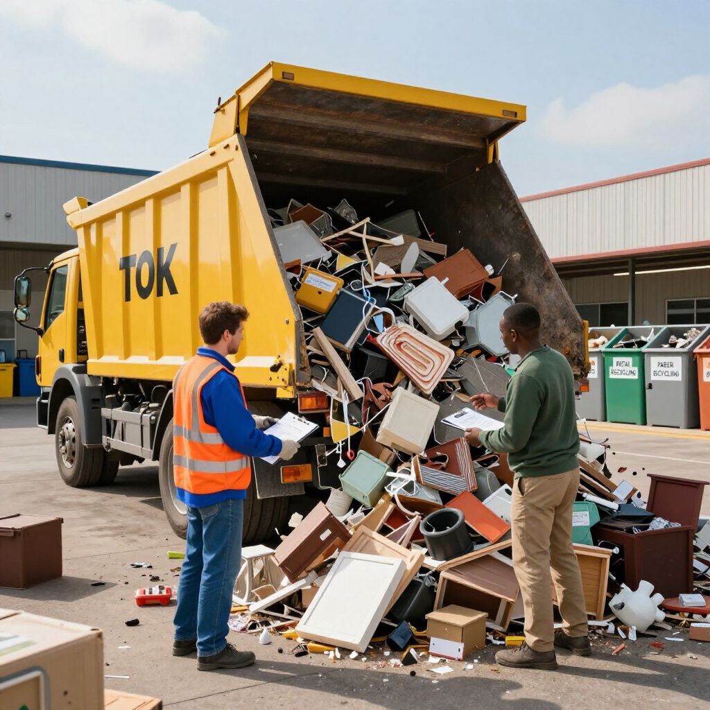 Two people in work attire inspect a pile of discarded household items dumped from the back of a yellow truck.