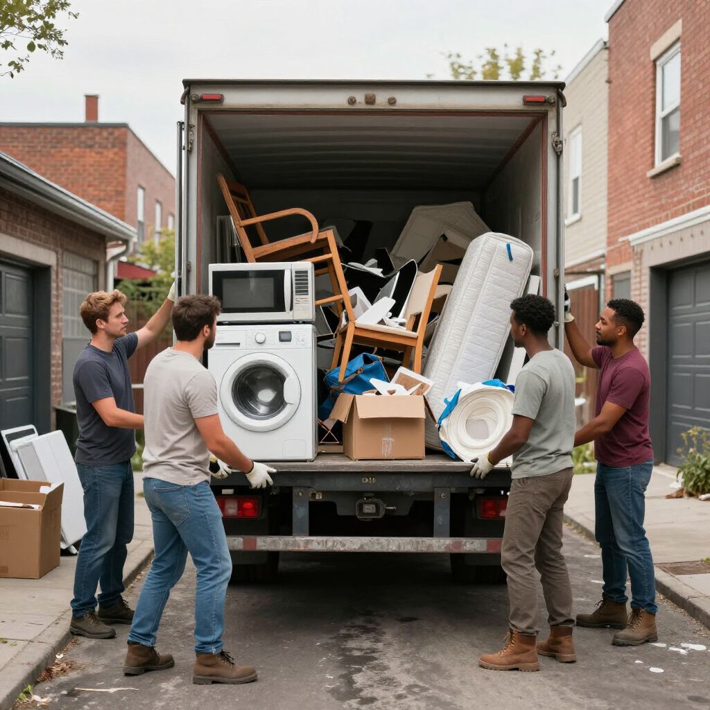 Four people loading household items, including a washing machine and furniture, into the back of a moving truck.
