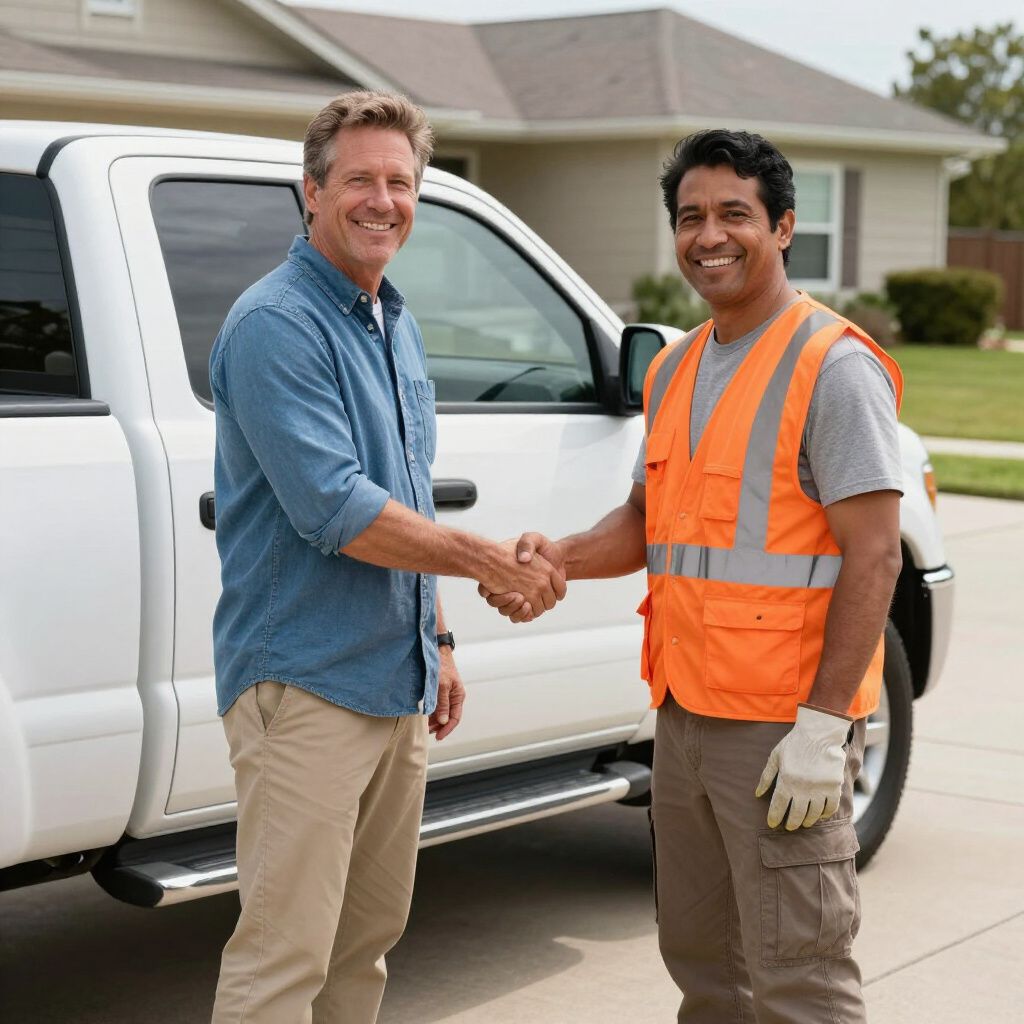 Two men in casual work attire shake hands in front of a white pickup truck parked outside a residential home.