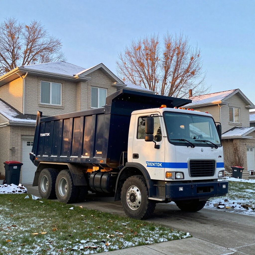 A white and blue dump truck is parked on a suburban residential driveway during a winter day with light snow on the ground.