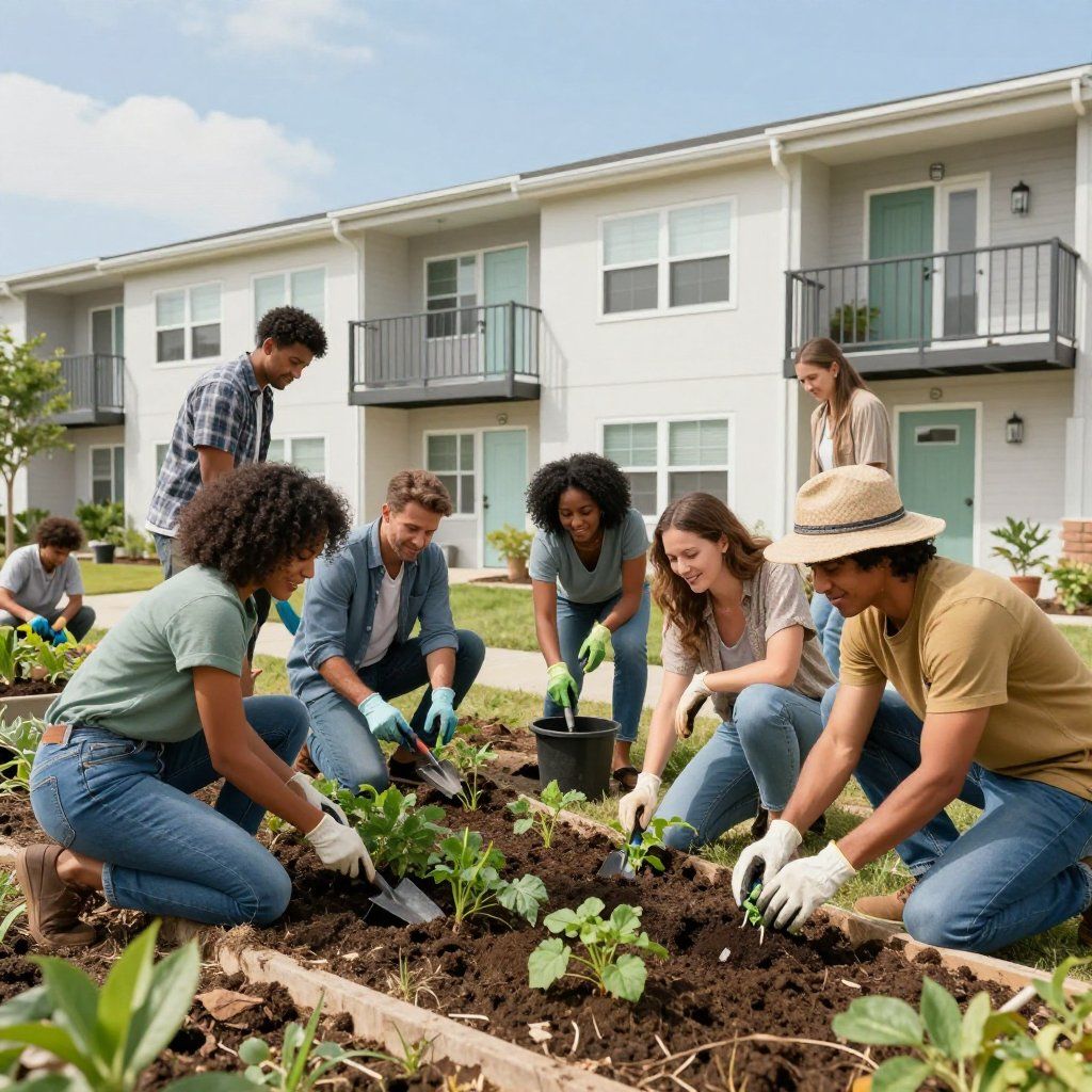A diverse group of people gardening in a community plot in front of a modern apartment building.