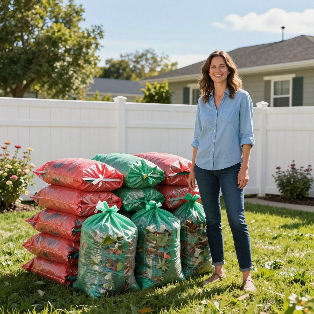 A person smiling while standing next to a stack of red and green yard waste bags in a sunny backyard.