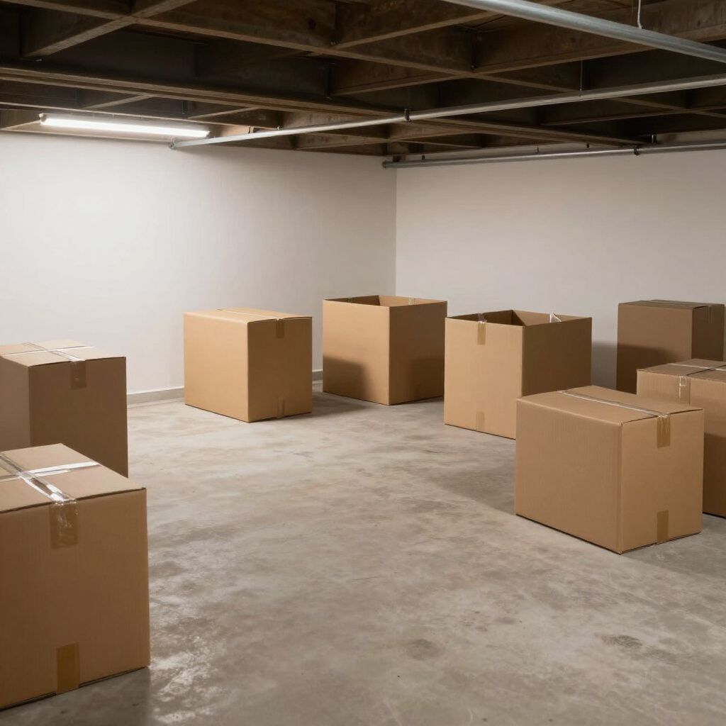Several cardboard moving boxes are arranged on the concrete floor of a basement with exposed wooden ceiling beams.