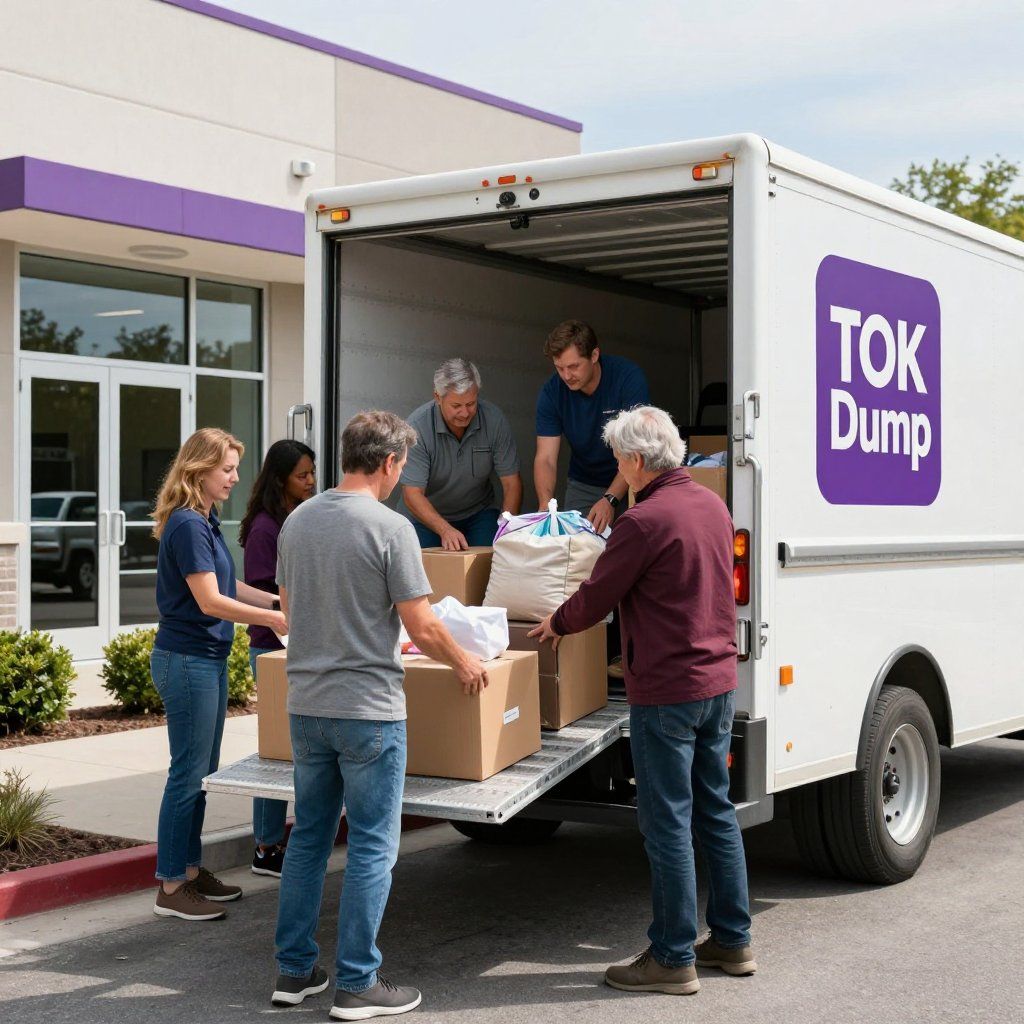 Five people in casual clothing loading cardboard boxes into a white moving truck branded