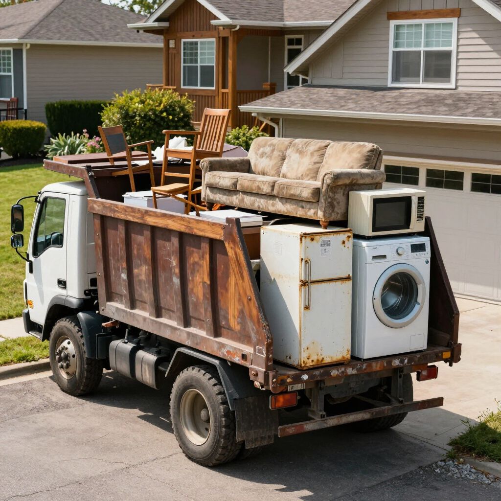 A white dump truck filled with discarded furniture, a refrigerator, a microwave, and a washing machine parked by a house.