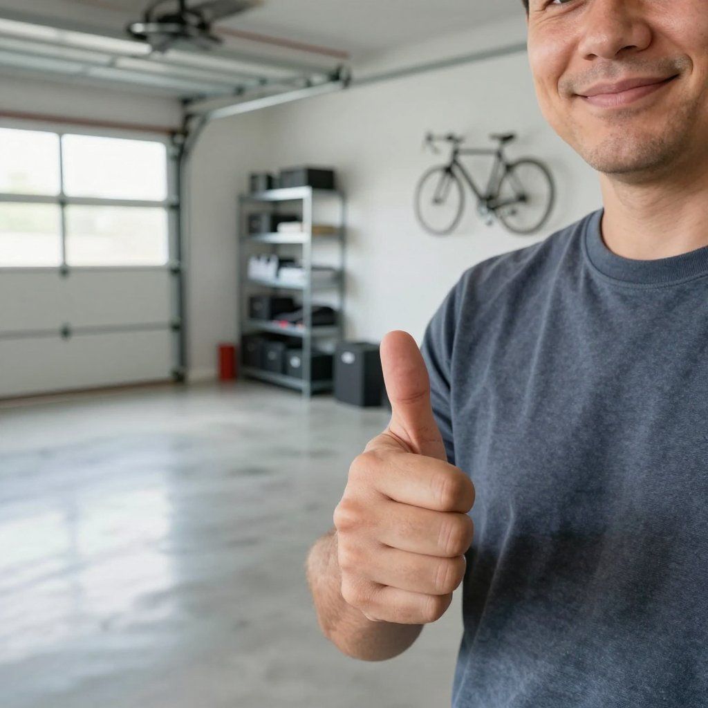 A smiling person wearing a gray shirt gives a thumbs-up in a clean, modern garage with a bicycle hung on the wall.