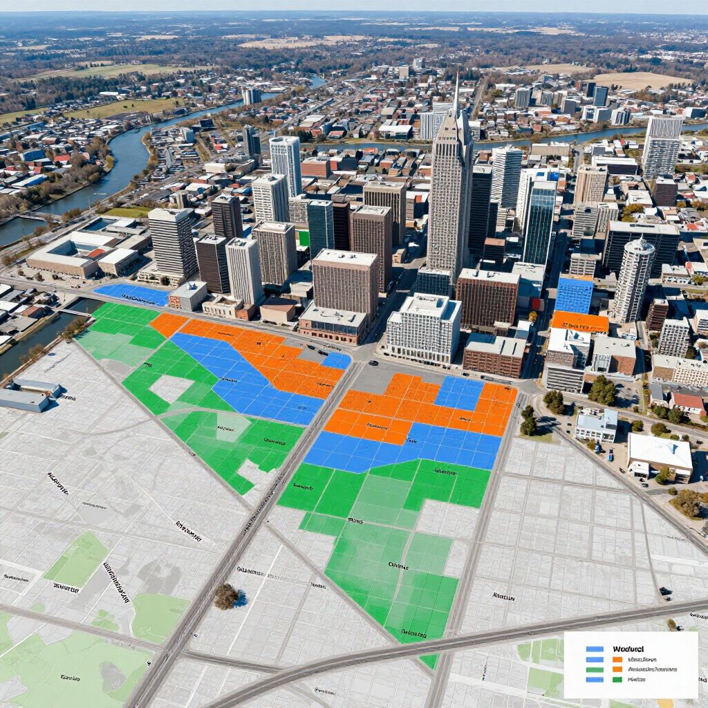 An aerial view of a city with an overlay of orange, blue, and green shaded zones, with a small legend in the corner.