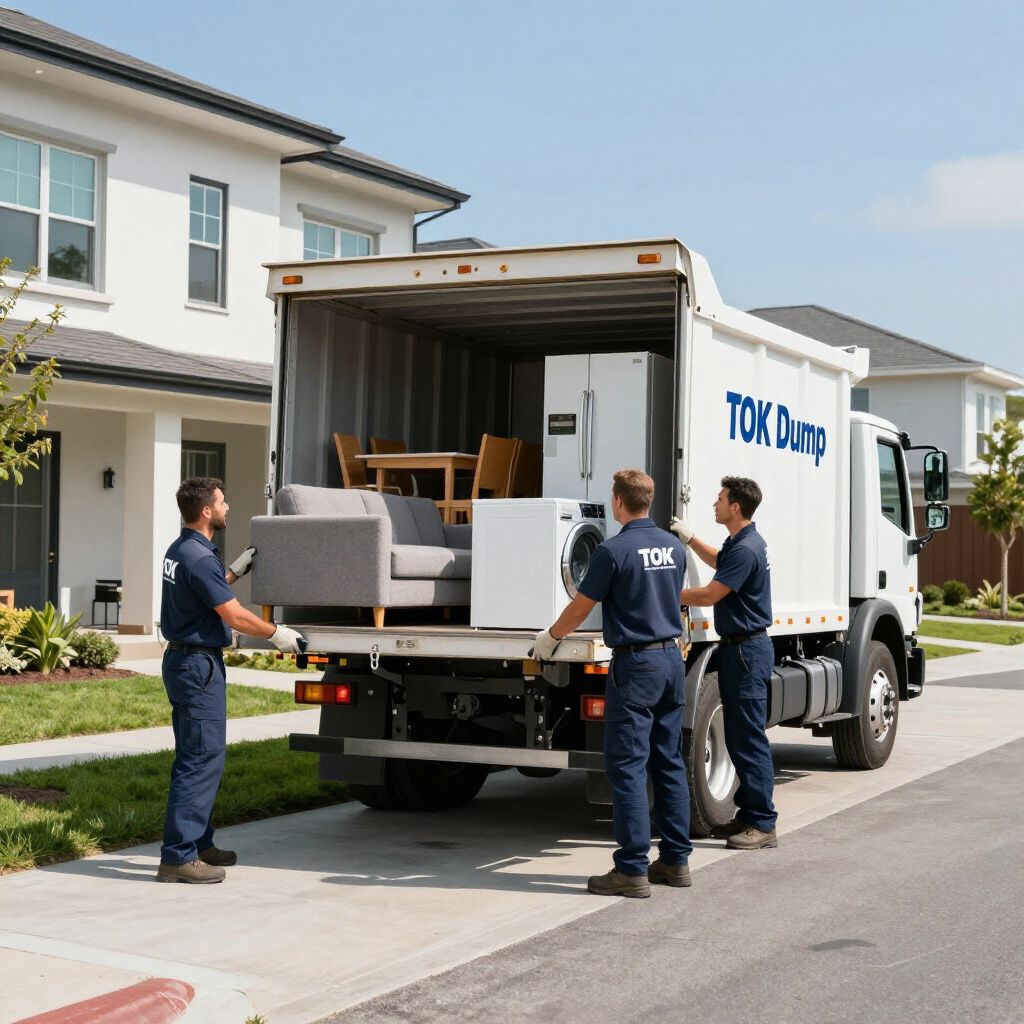 Three uniformed workers load furniture and appliances into a white Tok Dump truck parked outside a residential home.