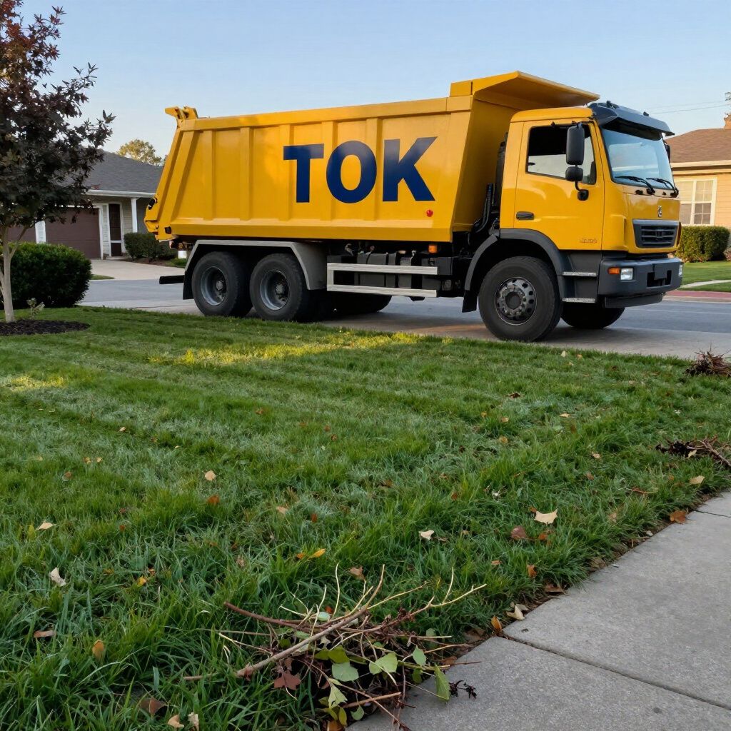 A bright yellow dump truck with the label