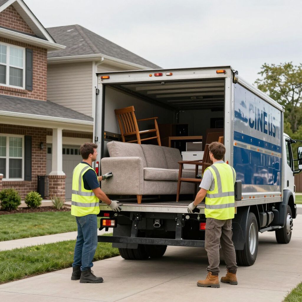 Two workers in high-visibility vests load a couch into the back of a moving truck parked in a suburban driveway.
