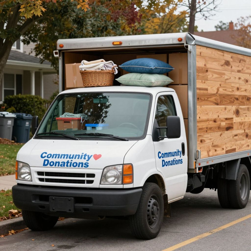 A white Community Donations truck parked on a residential street, filled with boxes, a wicker basket, and pillows.