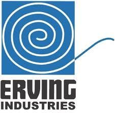The logo for Erving Industries, a blue square with a spiral in the middle.
