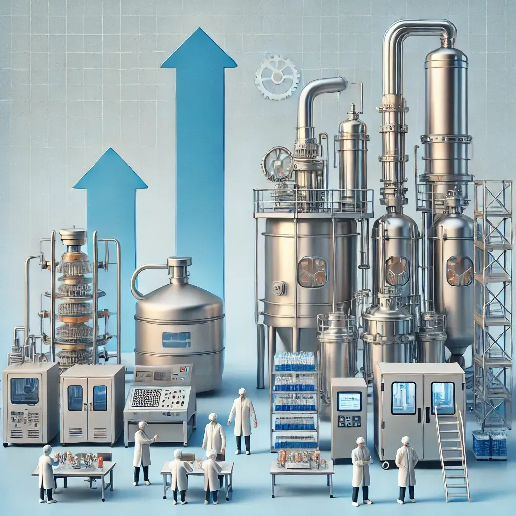 Image of bench scale manufacturing on left and larger commercial scale manufacturing on right, image for tech transfer