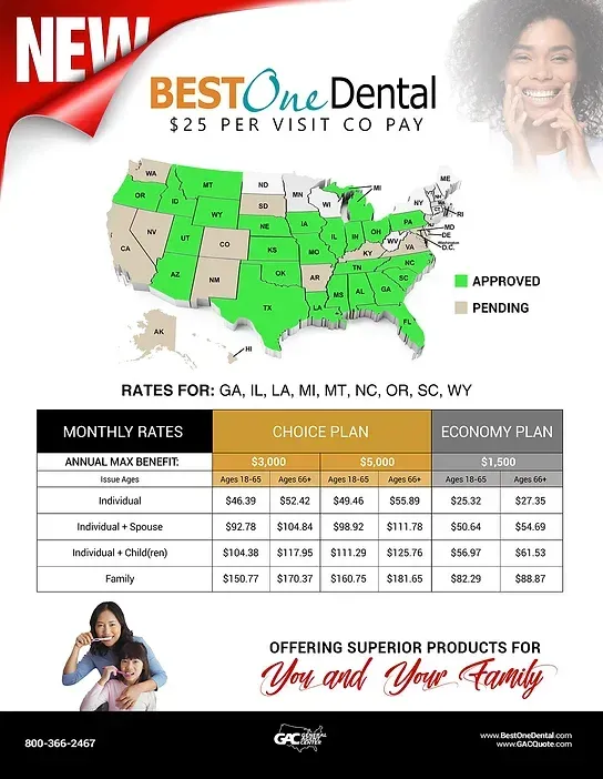A flyer for best one dental shows a map of the united states.