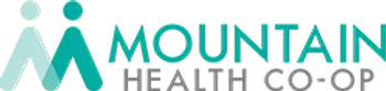 The logo for mountain health co-op is blue and white.