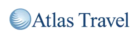 The logo for atlas travel is blue and white