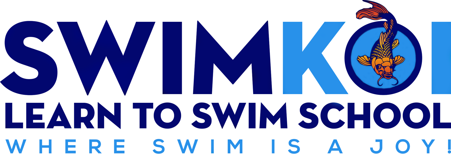 Swim Koi logo with a koi fish, blue and white text: "Learn to Swim School, Where swim is a joy!"